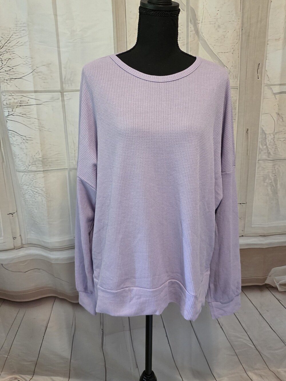 Relaxed Lavender Waffle Knit Crew Neck Sweater